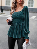 Ladies Puff Long Sleeve Square-neck Velvet Shirt