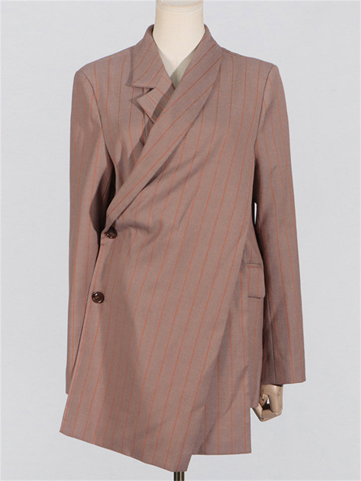 Long Sleeve Stripe Asymmetric Hem Suit Coat for Women