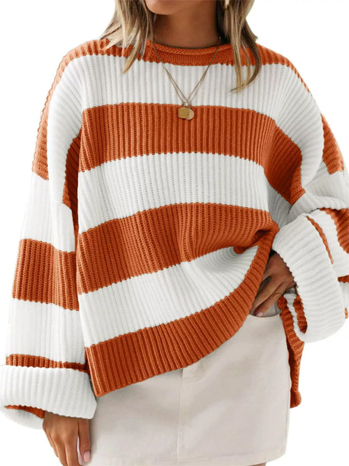 Women's Autumn Round Neck Contrast Color Striped Flare Sleeve Sweaters