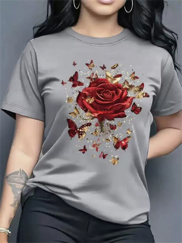 Women's Rose Butterfly Graphic Floral Print Round Neck Summer Tshirts