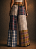 Women Drawstring Color Block Boho Plaid Patchwork Wide Leg Pants