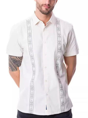 Men's Casual Lapel Embroidered Patchwork Short Sleeve Shirts