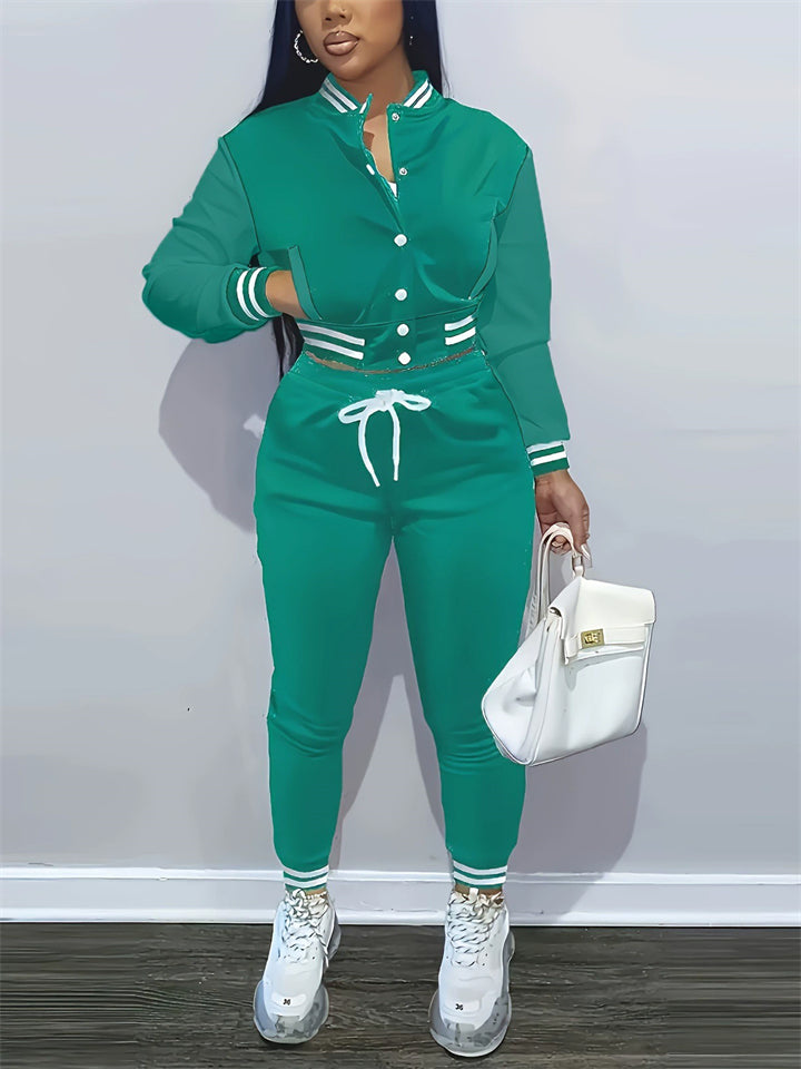 Women's Button Up Baseball Collar Striped Trim Cropped Top and Jogger Pants TrackSuit Set