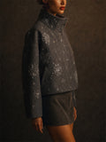 Women Grey Beaded Snowflake Stand Collar Wool Blend Jackets