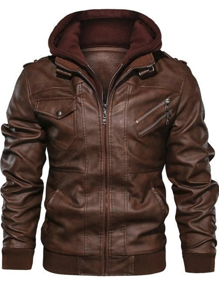 ‌Men's Stylish PU Leather Full-Zip Hooded Jacket with Pockets