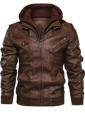 ‌Men's Stylish PU Leather Full-Zip Hooded Jacket with Pockets
