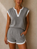 Womens Casual Contrast Trim V Notch Neck Shorts 2pc Set