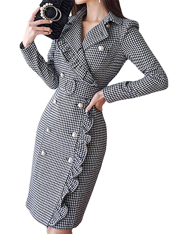 Women's Trendy Houndstooth Double-breasted Dress with Belt