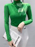 Women's Long Sleeve Flower Print Mesh High Neck Top