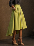 Women High Low Pleated Zipper Front Pockets Midi Skirts