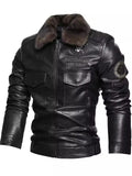 Men's Motorcycle Style Faux Leather Jacket with Faux Fur Collar and Flap Pockets