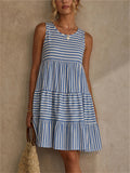 Women's Summer Boho Striped Sleeveless Tiered Mini Beach Sundress