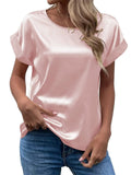 Women's Summer Simple Satin Solid Color Round Neck Short Sleeve Shirts