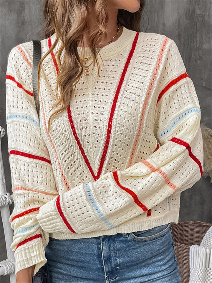 Women's Contrast Color Round Neck Pullover Sweater