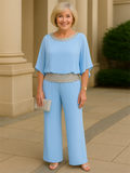 Women's Casual Sequin Patchwork BatWing Sleeve Top & Pants Set