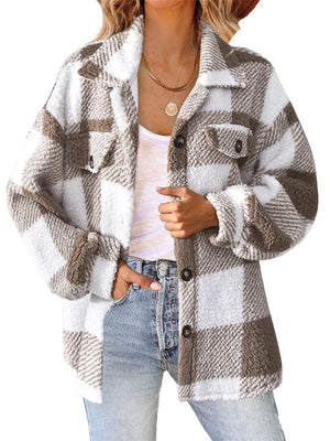 Female Casual Thermal Lapel Button Plaid Cashmere Coat