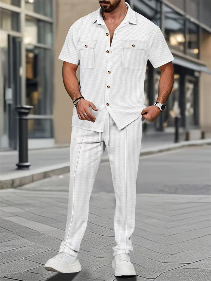 Men's Solid Color Waffle Lapel Cargo Top and Pants Set