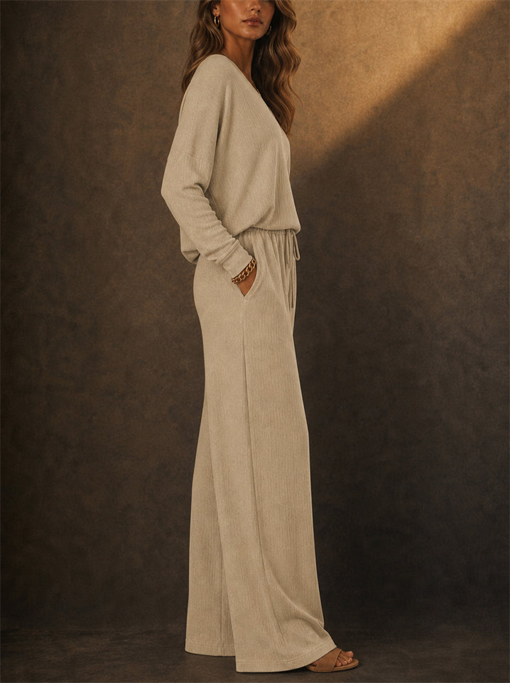 Women's V Neck Long Sleeve Loose Fit Comfy Top and Pants Lounge Set