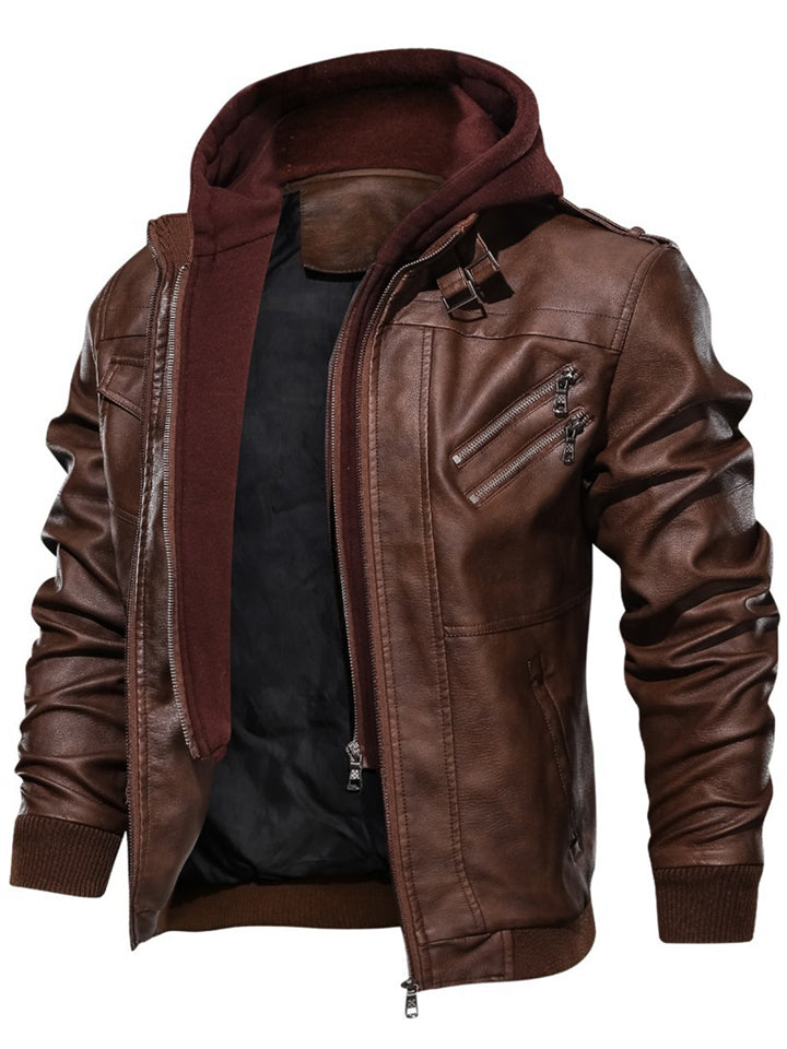 ‌Men's Stylish PU Leather Full-Zip Hooded Jacket with Pockets