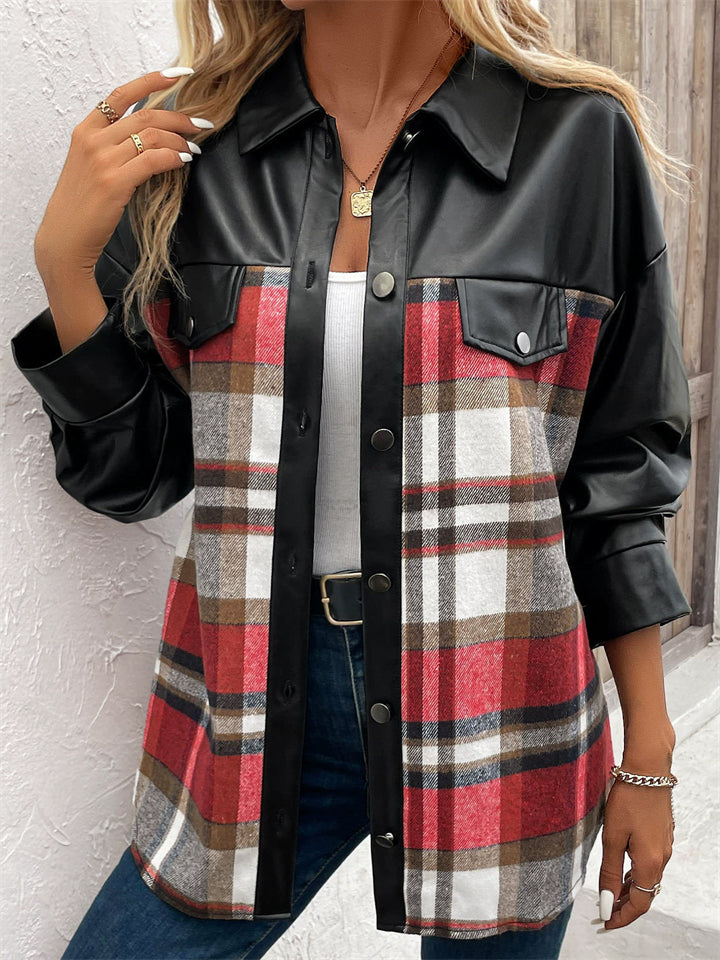 Women's Retro Patchwork Plaid Button Up Lapel Coat
