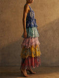 Women Boho Sleeveless Floral Multi Color Tiered Maxi Dress