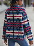 Women's Autumn Contrast Color Button Up Geometric Pattern Fleece Coats