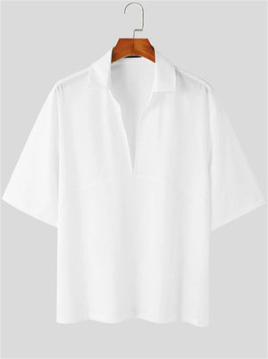 Male's White Solid Color Deep V Neck Short Sleeve Shirts