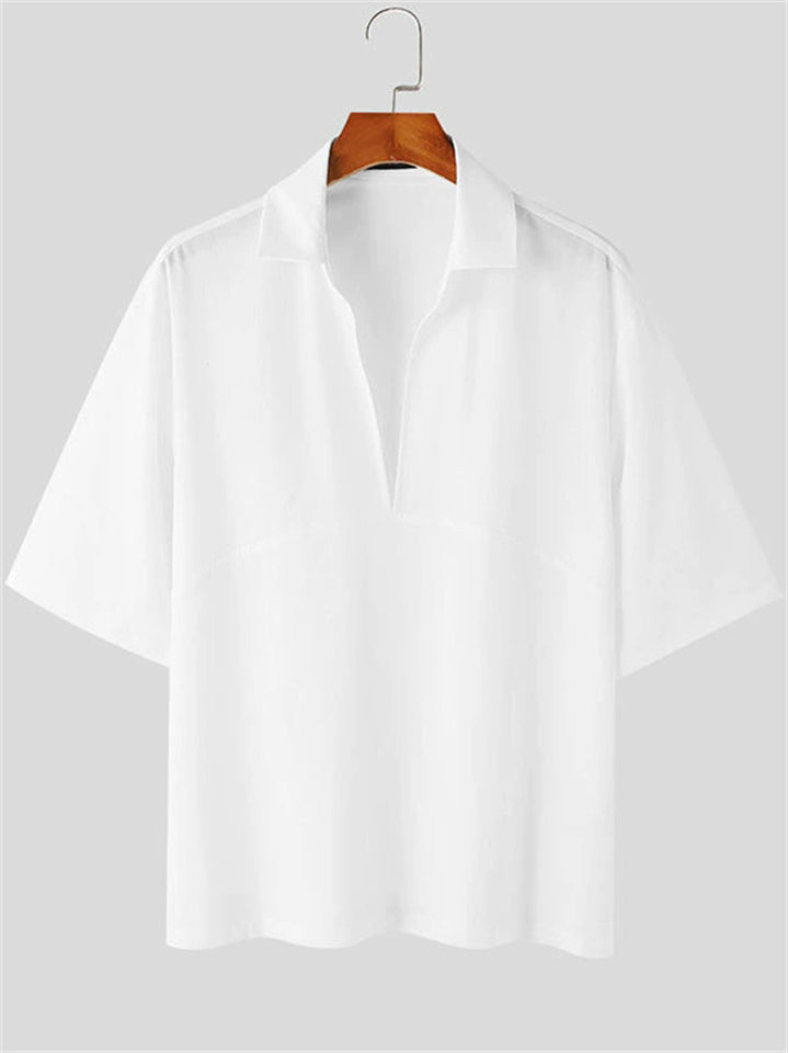 Male's White Solid Color Deep V Neck Short Sleeve Shirts