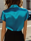 Women's Elegant Satin Blue Solid Color V Neck Lapel Short Sleeve Blouses