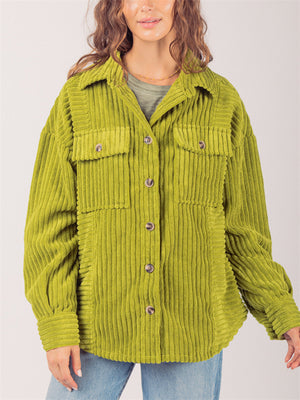 Women's Winter Striped Texture Lapel Chest Pocket Corduroy Coat