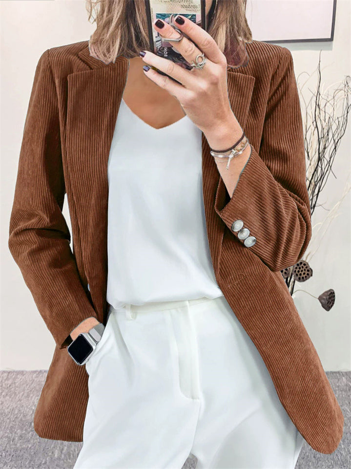 Casual Autumn Simple Color Corduroy Single Breasted Blazer for Women