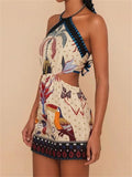 Women's Casual Print Halter Bellyband Lace-up Mini Dress