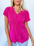Women's Solid Color Striped V Neck Casual Short Sleeve Shirts