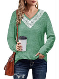 Women's Elegant White Lace V Neck  Solid Color Long Sleeve Shirt