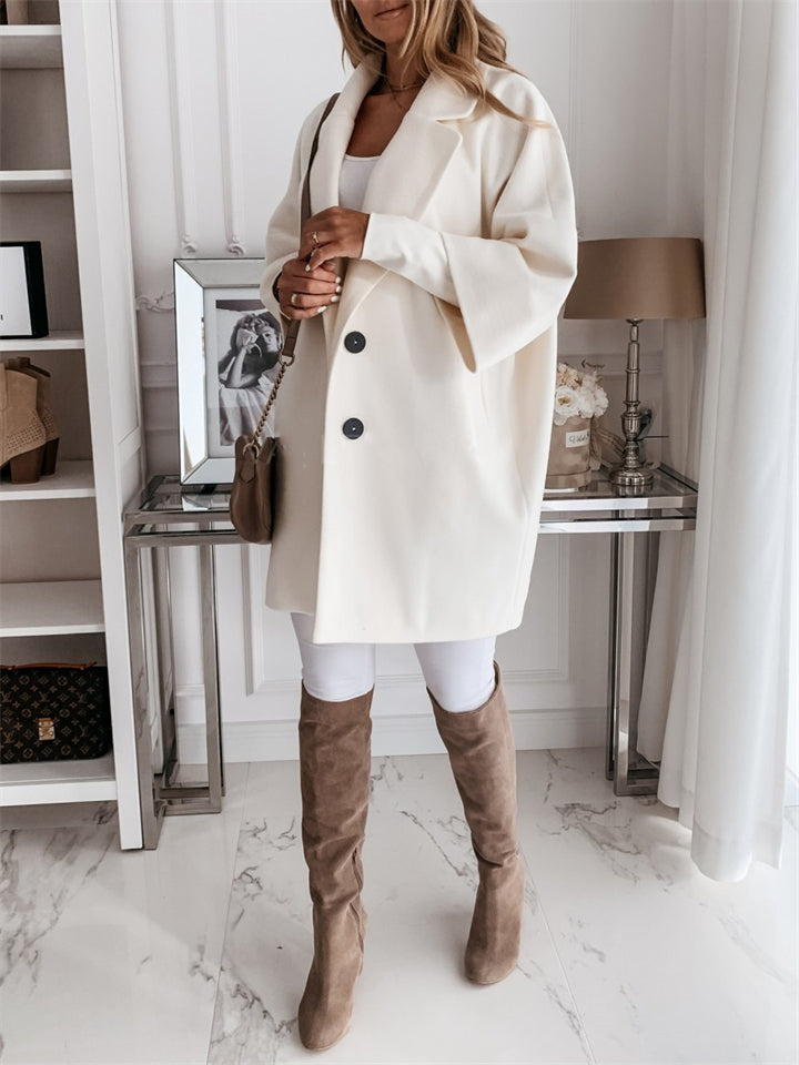 Women's 3/4 Sleeves Buttoned Lapel Faux Wool Coat with Pockets