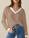Women's Simple Contrast Trim V Neck Long Sleeve Sweatshirts