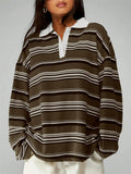 Women's Striped Rugby Shirt Long Sleeve Oversized Polo Top