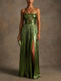 Women Metallic Pleated Backless High Slit Evening Gown