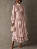 Women High Neck Long Sleeve Ruched Tiered Metallic Maxi Dress