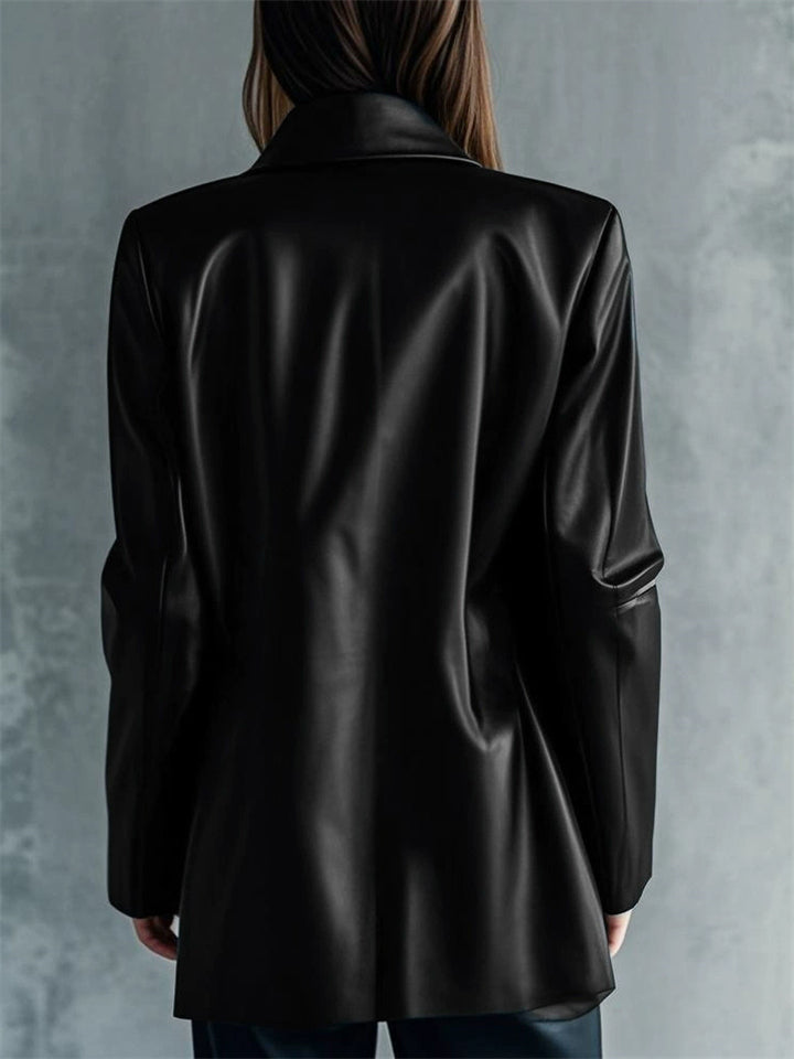 Women's Faux Leather All Black Zip Up Lapel Long Sleeve Coat