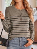 Women's Contrast Color Stripe Quarter Button Long Sleeve T-Shirt