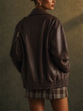 Womens Oversized Brown Faux Leather Vintage Bomber Jackets
