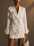 Ladies Elegant White Trendy 3D Flower Long Sleeve Suit Coat