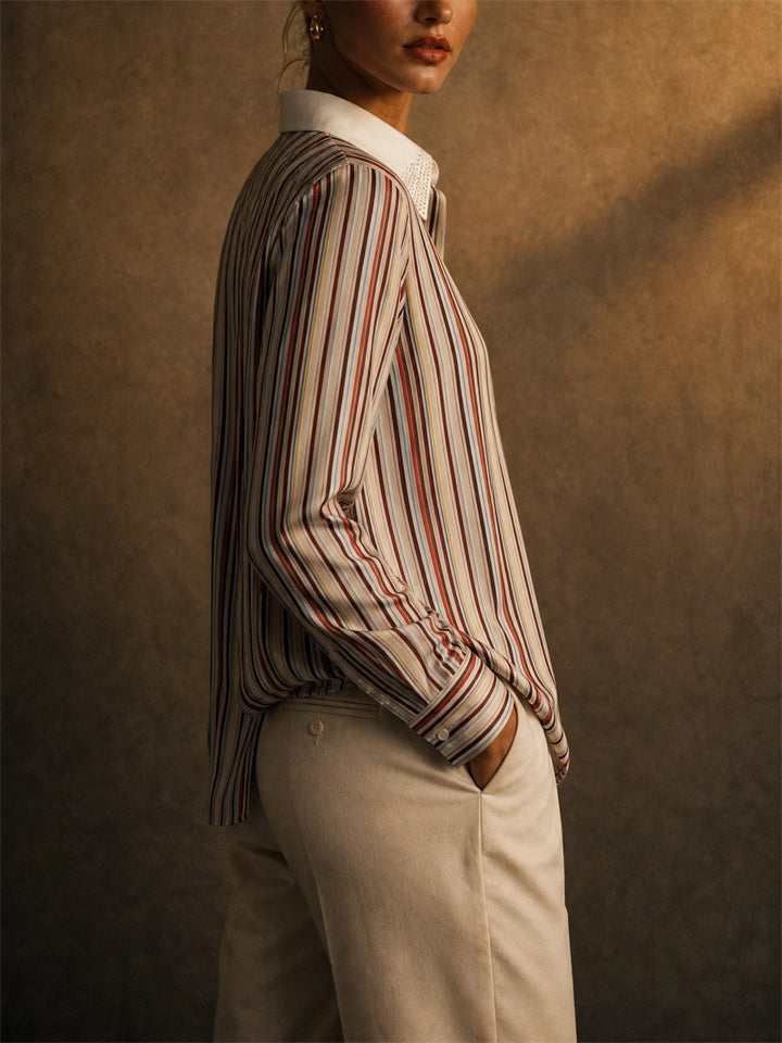 Women Vertical Striped Button Down Long Sleeve Work Blouse