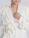 Ladies Elegant White Trendy 3D Flower Long Sleeve Suit Coat