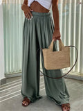 Women's Casual Solid Color Elastic Waist Pleated Drape Wide Leg Pants