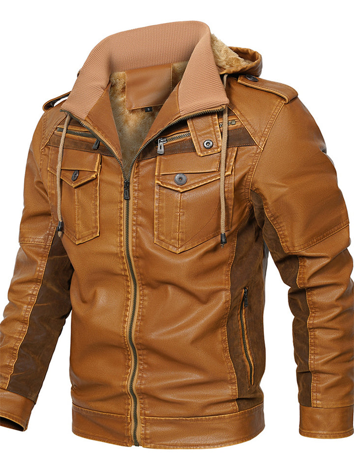 Men's Winter Streetwear Faux Leather Patchwork Fleece Lined Hooded Coats