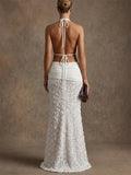 Women White Backless Halter 3D Rosette Floral Maxi Dress