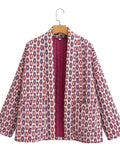 Women's Contrast Color Geometry Print Long Sleeve Cardigan Coat