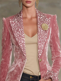 Stylish Pink Velvet Leopard Print Lapel Blazer for Women